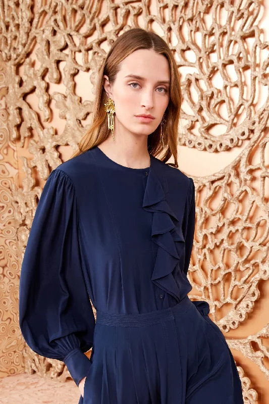 Adelaide Silk Blouse in Midnight Navy Collared Satin Blouse