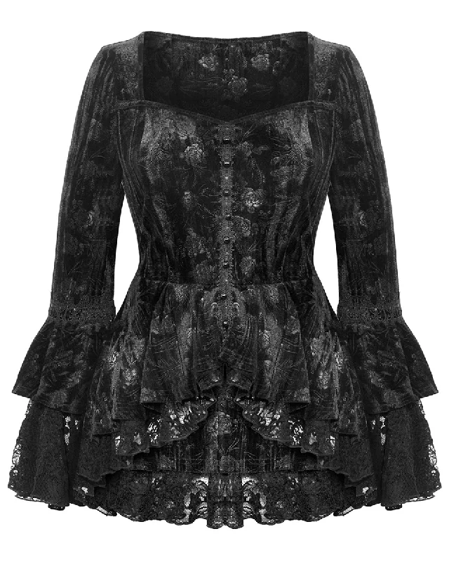 Dark In Love Romantic Gothic Rose Velvet & Lace Tunic Blouse Top Classic White Blouse