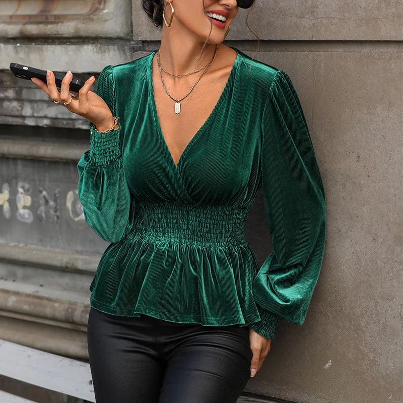 IKEARLAX 2025 cross-border women's clothing autumn temperament elegant V-neck blouse long sleeve solid color velvet top women Elegant Semi-Sheer Blouse