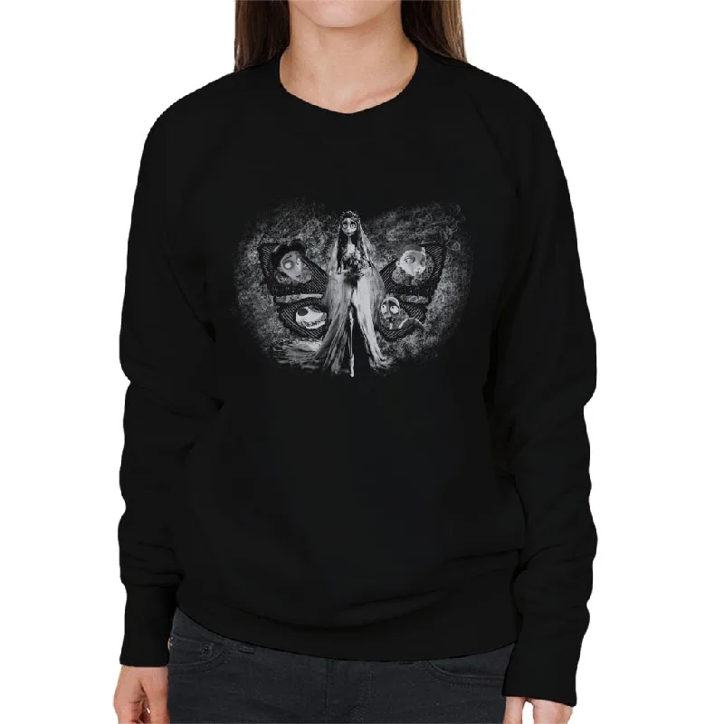 Corpse Bride Character Heads In Butterfly Wings Women's Sweatshirt Hoodie with Hem Embroidery Detailed Premium Corpse Bride Character Heads In Butterfly Wings Women's Sweatshirt Hoodie with Hem Embroidery Detailed Premium