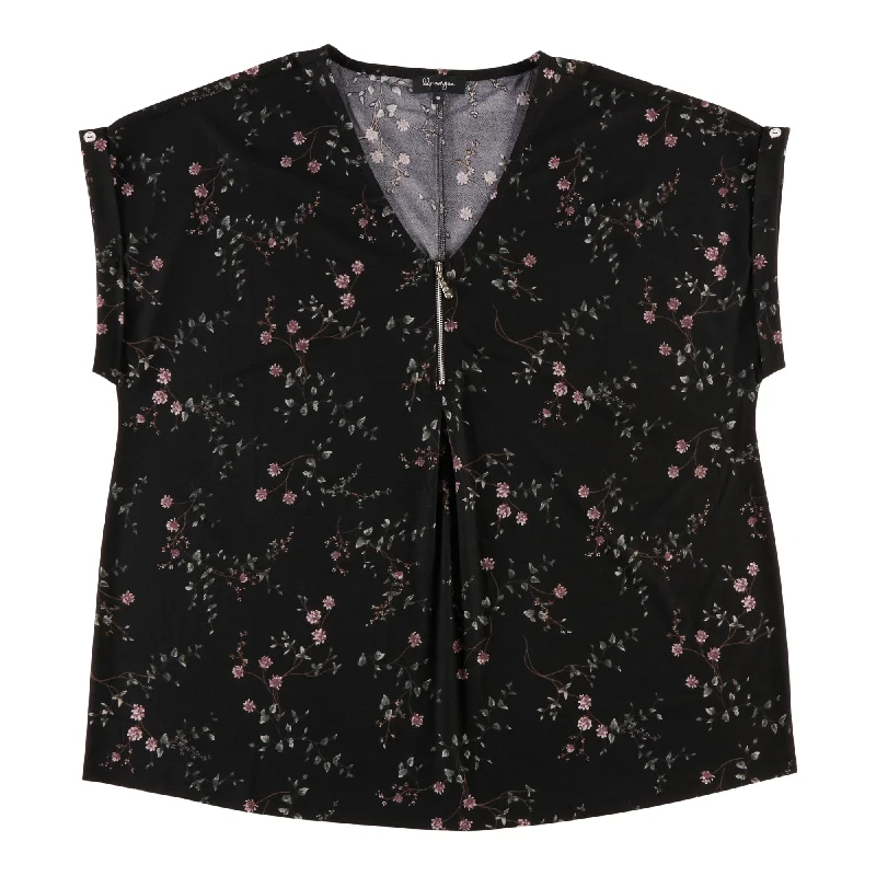 lily morgan Women's Plus Printed V-Neck Rolled-Cuff Blouse Puff Sleeve Blouse
