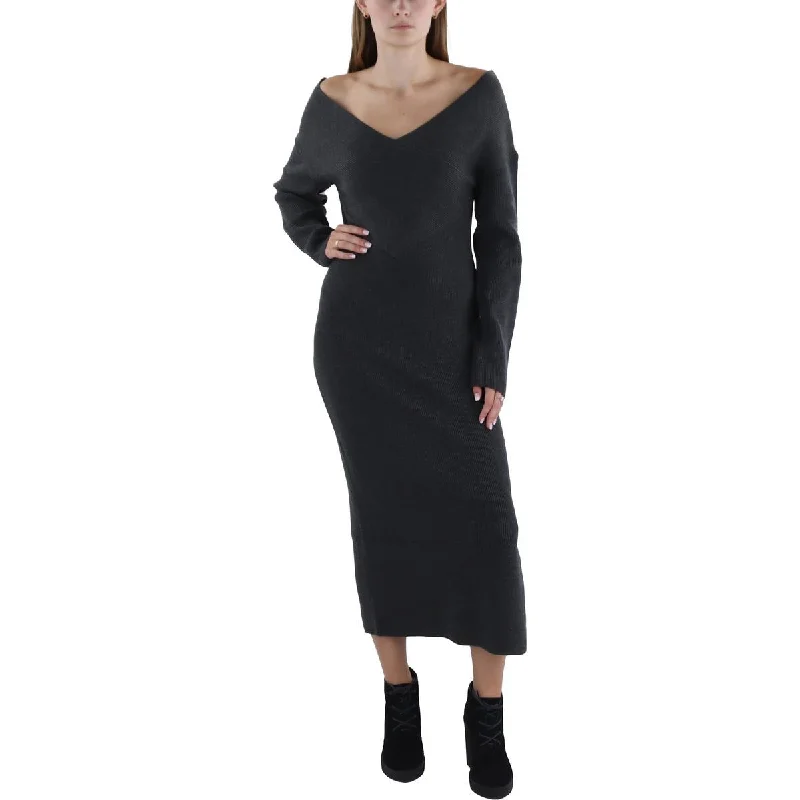 Womens Ribbed Tea Length Sweaterdress Cashmere Blend Cotton Blend Poly Blend