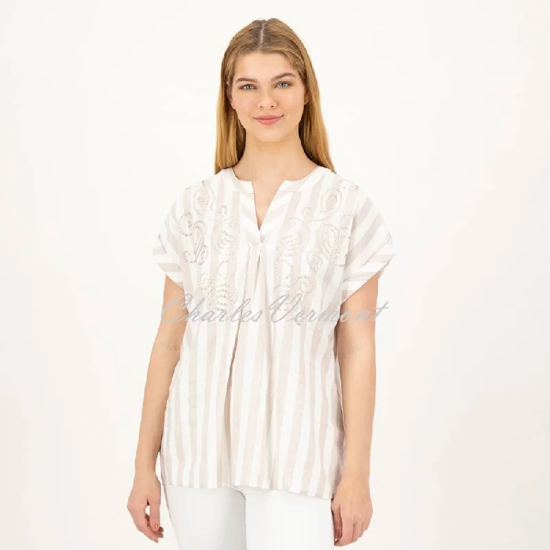 Just White Blouse – Style J1930 (Beige / White) Sheer Sleeve Blouse
