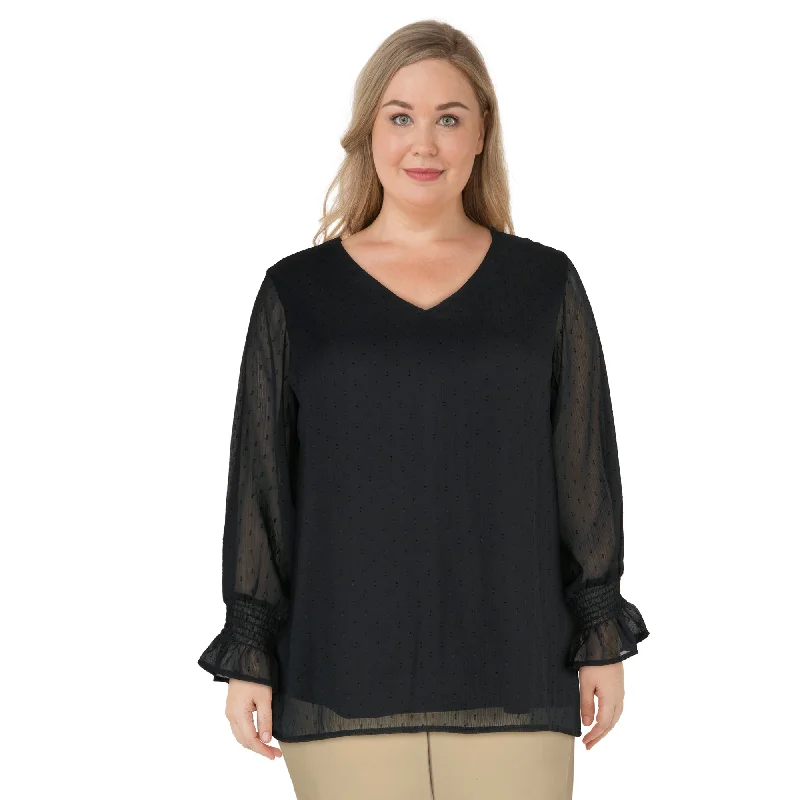 lily morgan Women's Plus Smocked Sleeve Blouse Embroidered Floral Blouse