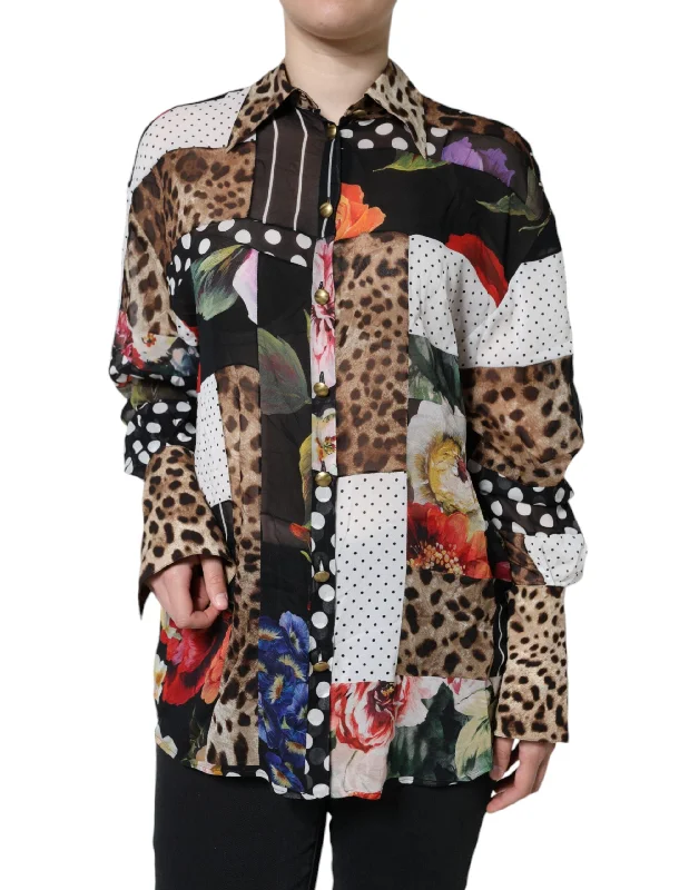 Multicolor Patchwork Silk Collared Blouse Top Drape Neck Blouse