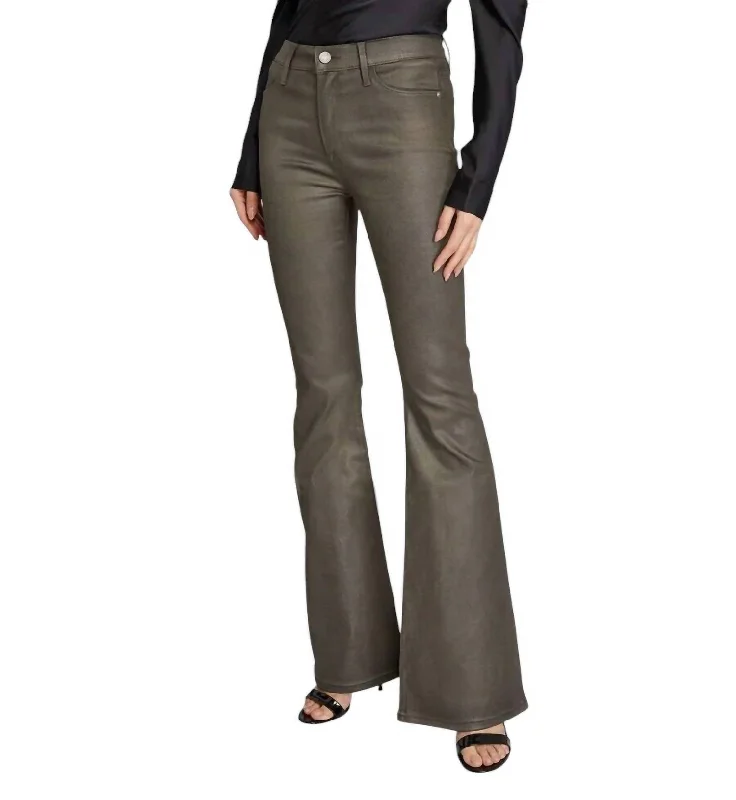 Le High Waist Flare Jeans In Pewter Coated Chic Double Waistband Jeans