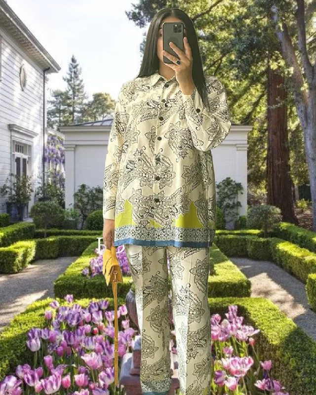 Women Printed Shirt 2 Piece Set Long Sleeve Single-Breasted Lapel Long Blouse Wide Tube Pants Suit Outfits Polished Work Blouse