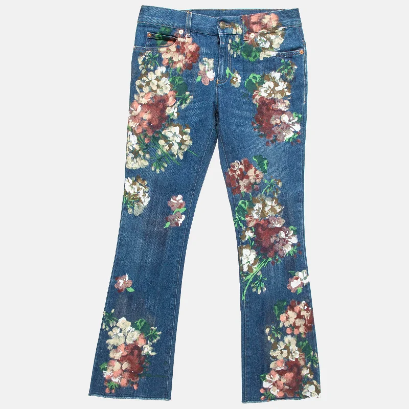 Gucci Blue Floral Hand Painted Denim Jeans Comfortable Distressed Straight-Leg Jeans Gucci Blue Floral Hand Painted Denim Jeans Comfortable Distressed Straight-Leg Jeans