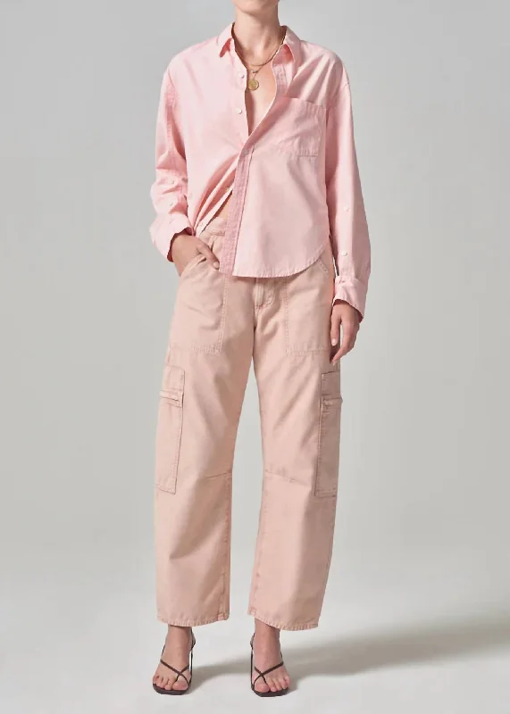 Marcelle Low Slung Cargo Jeans In Roselle Sateen Fashionable Frayed Hem Denim