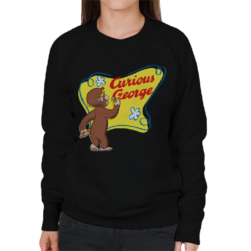 Curious George Writing His Name Women's Sweatshirt Hoodie with Slit Hem Functional Movement Curious George Writing His Name Women's Sweatshirt Hoodie with Slit Hem Functional Movement