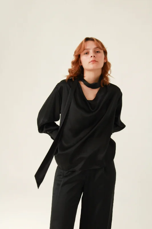 Lily Scarf Blouse 100% Silk - Black Vintage Polka Blouse