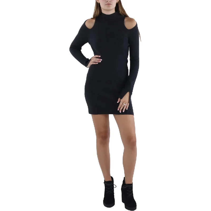 Womens Above Knee Cut Out Sweaterdress Satin Blend Silk Blend Wool Blend