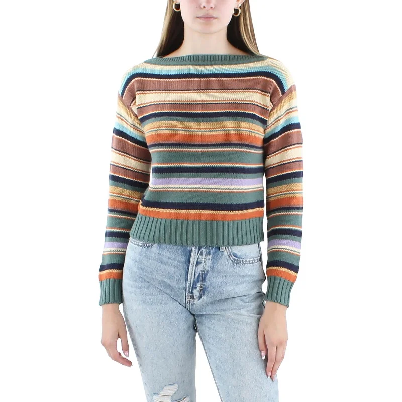 Petites Womens Linen Knit Crewneck Sweater Chenille Brocade Lace