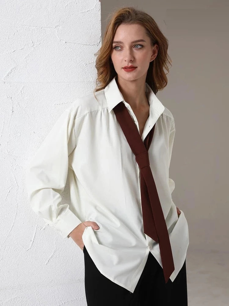Spring Minimalist Long Sleeve Button Up Shirt Women Korean Style Solid Tie Oversize Shirts Blouse Loose Clothes Tops High Neck Blouse