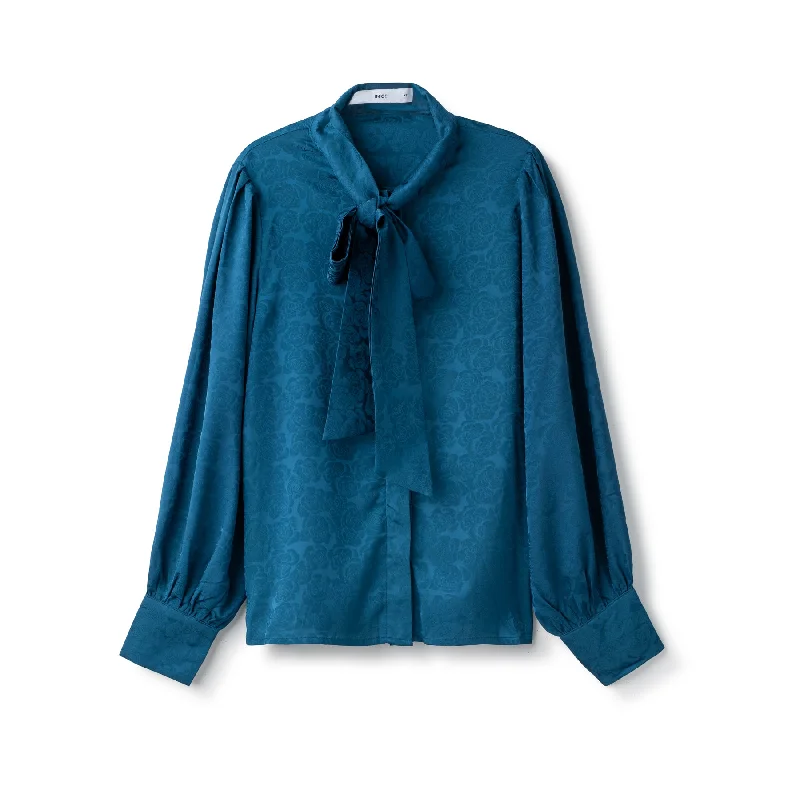 Silk Tie Blouse  In: Blue Floral Tone Pleated Collar Blouse