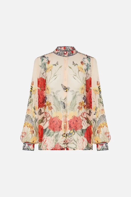 Camilla High Neck Button Through Blouse - Etched Into Eternity Bell Sleeve Blouse