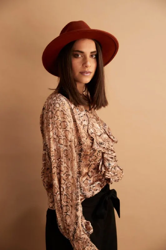 AMAYA - Ruffle snakeskin print blouse! 12 Double Button Blouse