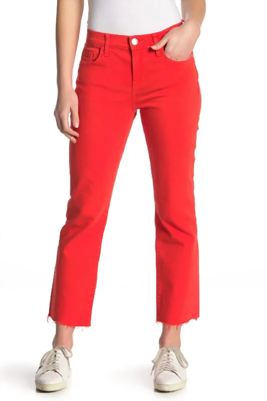 The Kick Flare Crop High Waist Jean In Fiery Red Elegant Raw Hem Jeans