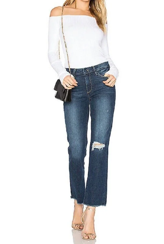 Jacqueline Straight Crop Domino Destructed Raw Hem Jeans In Blue Comfortable Flare Leg Jeans Jacqueline Straight Crop Domino Destructed Raw Hem Jeans In Blue Comfortable Flare Leg Jeans