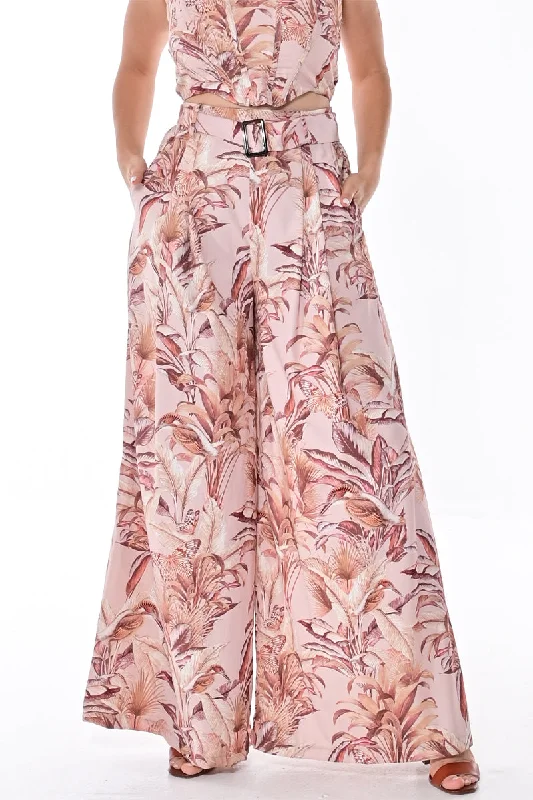 Wide Leg Ladies Pants in Tropical Palm Print with Belt Elegant Dress Pants