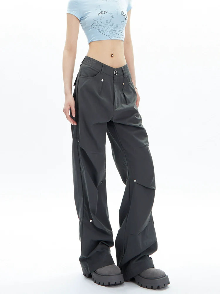 Charcoal Cargo-Style Wide-Leg Pants Fashionable Work Pants