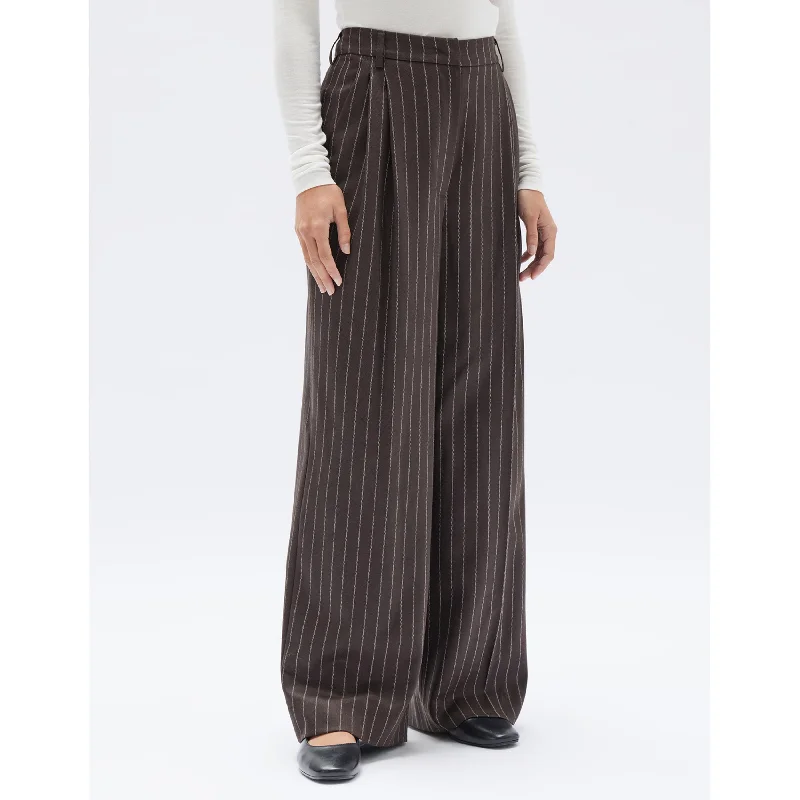 Assembly Label Sofia Wool Pinstripe Pant- Chestnut Stripe Elegant High-Waist Pants