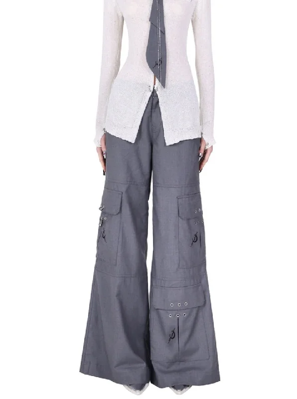 PINKSPINK Gothic Cargo Flare Pants - Charcoal Gray Trendy High-Waist Trousers