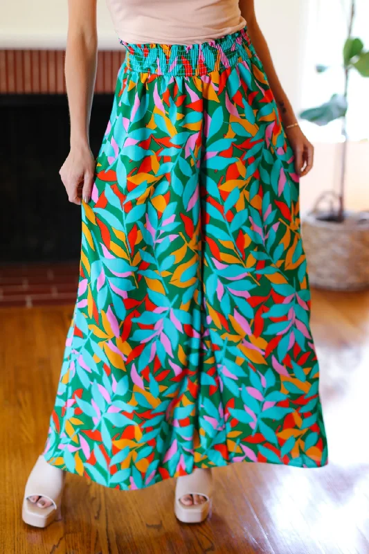 Summer Vibes Green & Orange Abstract Print Smocked Palazzo Pants Chic Wool Trousers