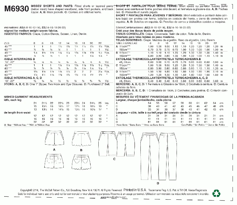 McCall's Pattern M6930 Misses' Shorts and Pants Trendy Velvet Pants