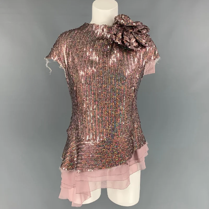 MARC JACOBS Size 8 Pink Sequined Polyester Cap Sleeves Dress Top
