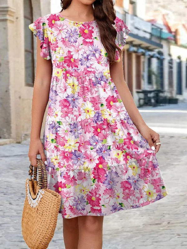 Printed Round Neck Tiered Dress in 6 Colors