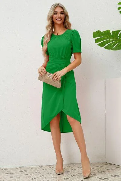Slit Ruched Round Neck Puff Sleeve Dress in 4 Colors