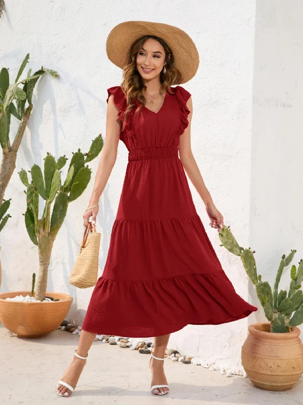 Tiered Ruffled V-Neck Dress in 5 Colors