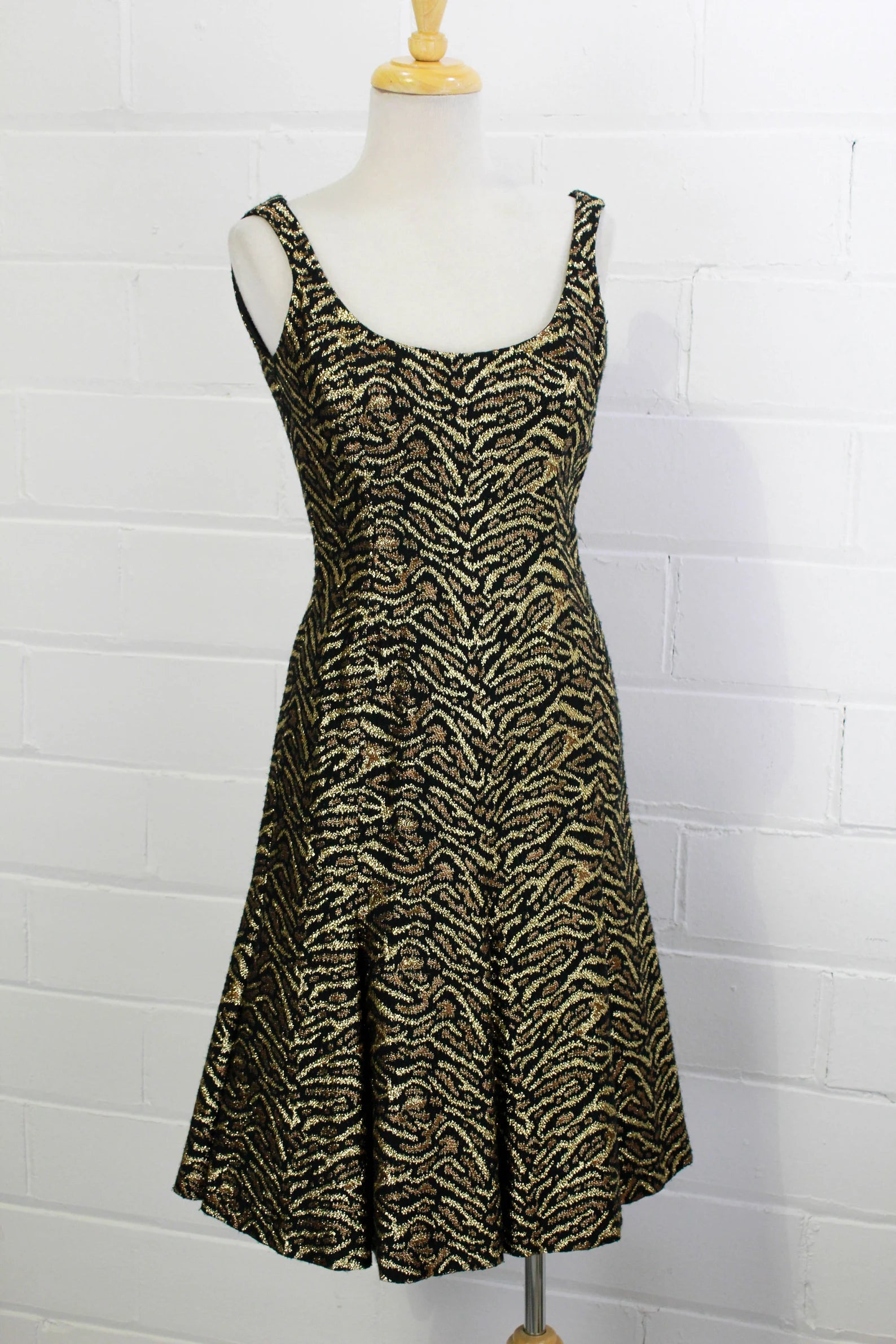 Vintage 60s Mollie Parnis Animal Print Gold Metallic Dress, Small