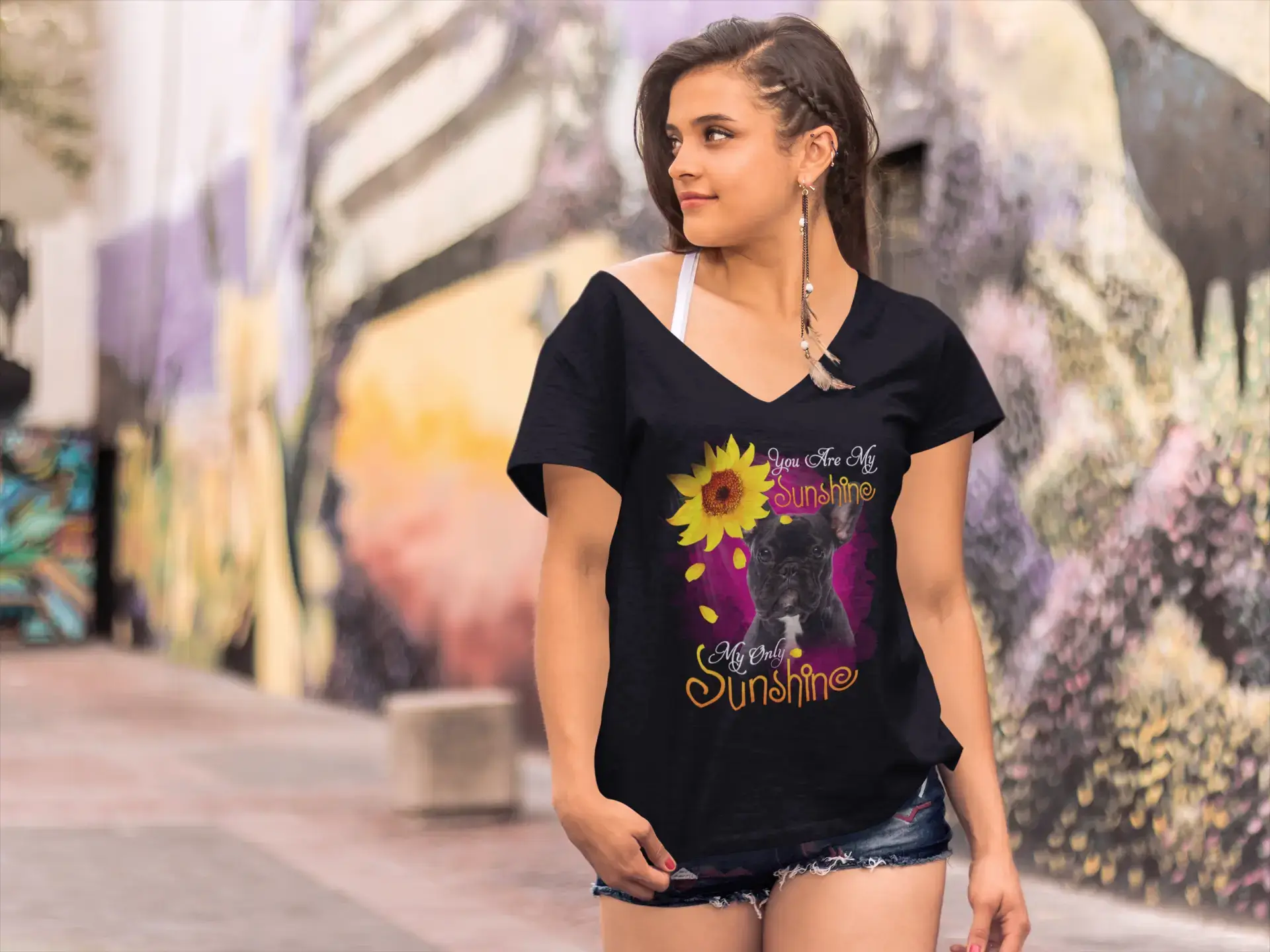 ULTRABASIC Women's V-Neck T-Shirt My Only Sunshine - French Bulldog Fleece Nylon Spandex ULTRABASIC Women's V-Neck T-Shirt My Only Sunshine - French Bulldog Fleece Nylon Spandex