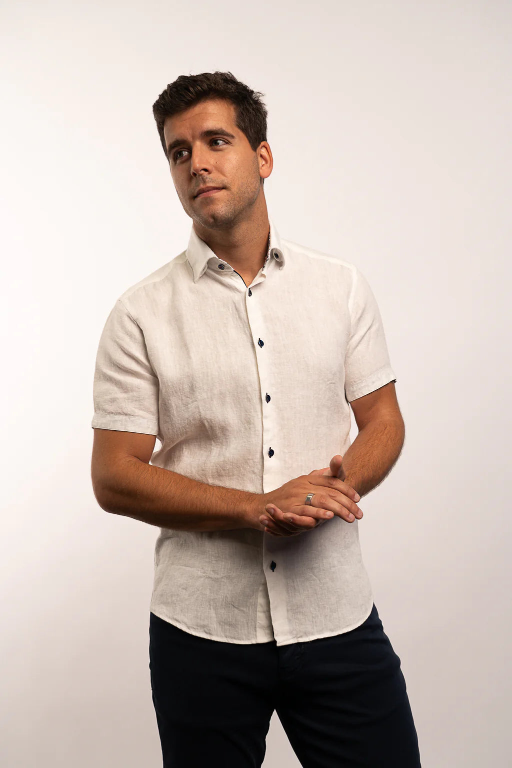 7 DOWNIE STREET - MENS SHORT SLEEVE LINEN SHIRT Collared Crew Neck Turtle Neck