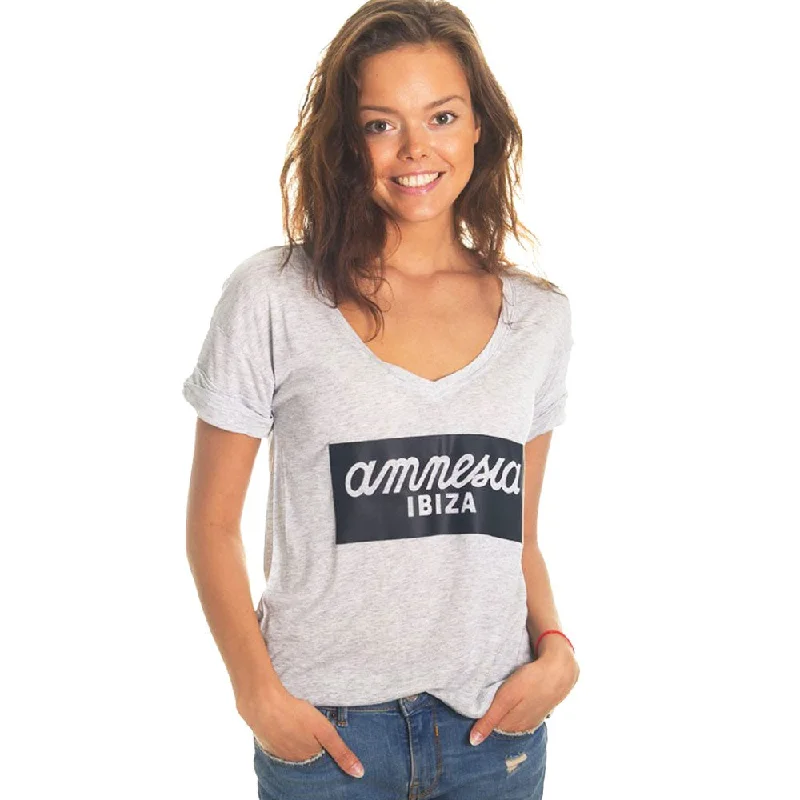 Amnesia Ibiza Women's Grey T-shirt with Leather Look Logo Modern Contemporary Chic
