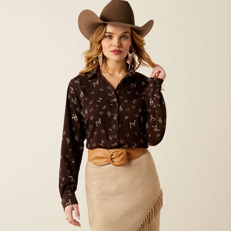Ariat Women's Homestyle L/S Western Button Down Shirt in Brown Mole Ranch Brand Print Jacquard Patchwork