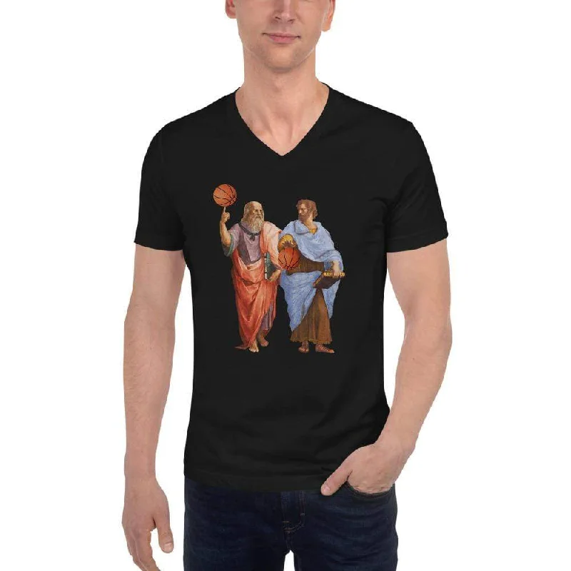 Aristotle and Plato with Basketballs - Unisex V-Neck T-Shirt Zippered Front Buttoned Front Snap Front Aristotle and Plato with Basketballs - Unisex V-Neck T-Shirt Zippered Front Buttoned Front Snap Front