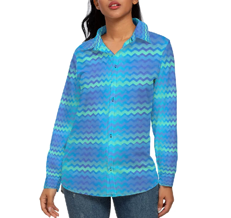 Blue Green Mermaid Chevron Stripes All Over Print Women's Long Sleeves Shirt Iron Safe Non-Iron Wrinkle Free Blue Green Mermaid Chevron Stripes All Over Print Women's Long Sleeves Shirt Iron Safe Non-Iron Wrinkle Free