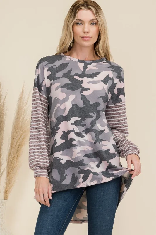 Celeste Full Size Camo Print High-Low T-Shirt with Stripe Sleeves Notch Collar Peter Pan Collar Cowl Neck Celeste Full Size Camo Print High-Low T-Shirt with Stripe Sleeves Notch Collar Peter Pan Collar Cowl Neck