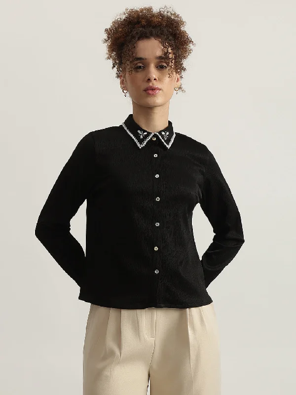 Centrestage Women Black Solid Spread Collar Full Sleeves Shirt Fleece Nylon Spandex