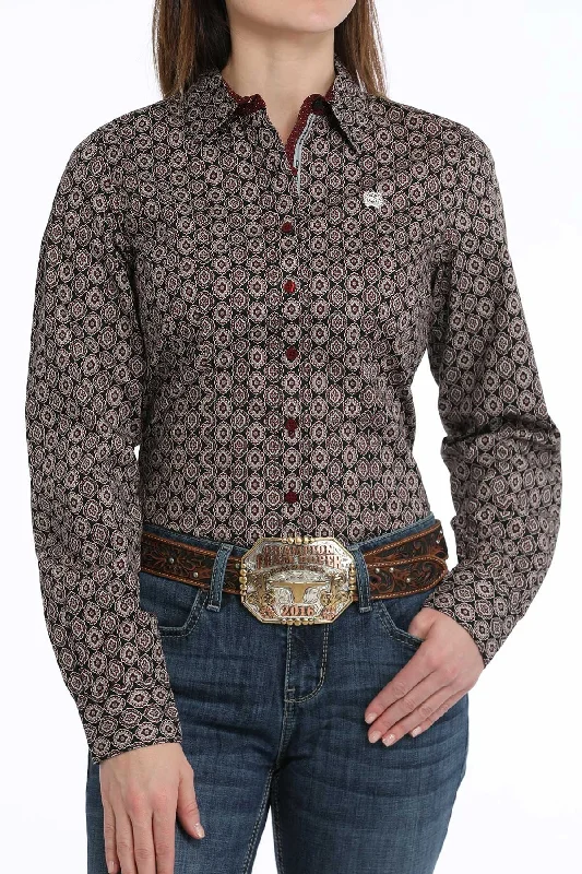 Women's Medallion Print Button-Down Western Shirt - Black - (MSW9165062) Chenille Fabric Brocade Fabric Lace Fabric Women's Medallion Print Button-Down Western Shirt - Black - (MSW9165062) Chenille Fabric Brocade Fabric Lace Fabric