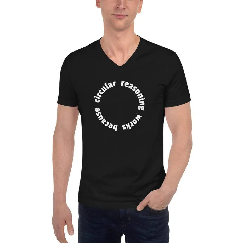 Circular reasoning works - Unisex V-Neck T-Shirt Mesh Blend Leather Blend Suede Blend Circular reasoning works - Unisex V-Neck T-Shirt Mesh Blend Leather Blend Suede Blend
