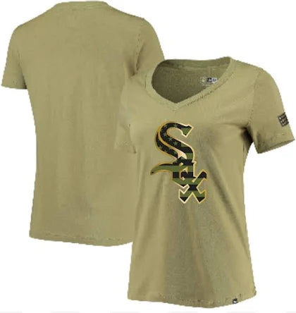 Women's Chicago White Sox 2022 Armed Forces Day Olive V-Neck New Era T-Shirt Striped Floral Plaid Women's Chicago White Sox 2022 Armed Forces Day Olive V-Neck New Era T-Shirt Striped Floral Plaid