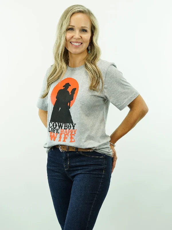 T-Shirt - Cowboy Life Happy Wife - Grey Sequined Glittery Shiny