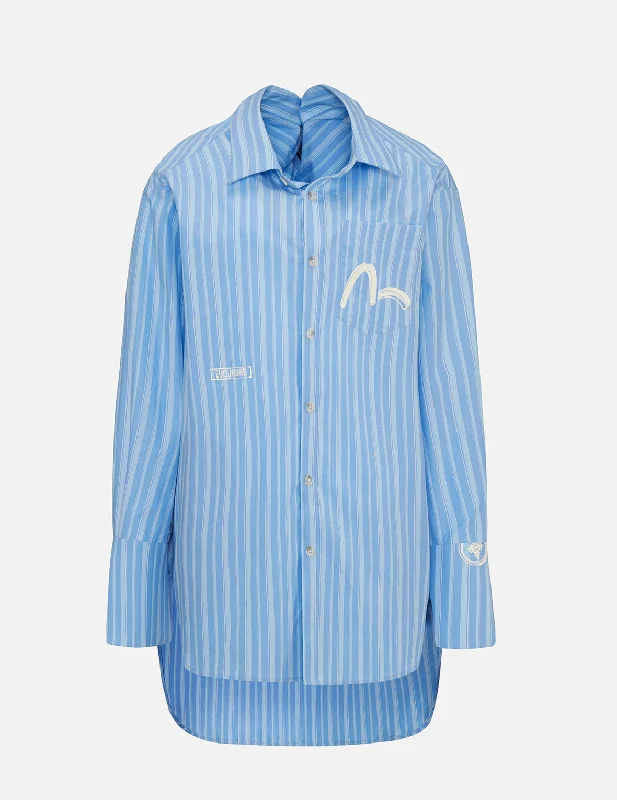 Drape Collar Pinstripe Shirt Solid Print Embellished