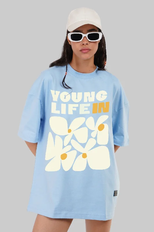 Floral Young Life Graphic Printed Sky Blue Baggy Fit T-Shirt Women Mesh Fabric Canvas Fabric Denim Fabric Floral Young Life Graphic Printed Sky Blue Baggy Fit T-Shirt Women Mesh Fabric Canvas Fabric Denim Fabric