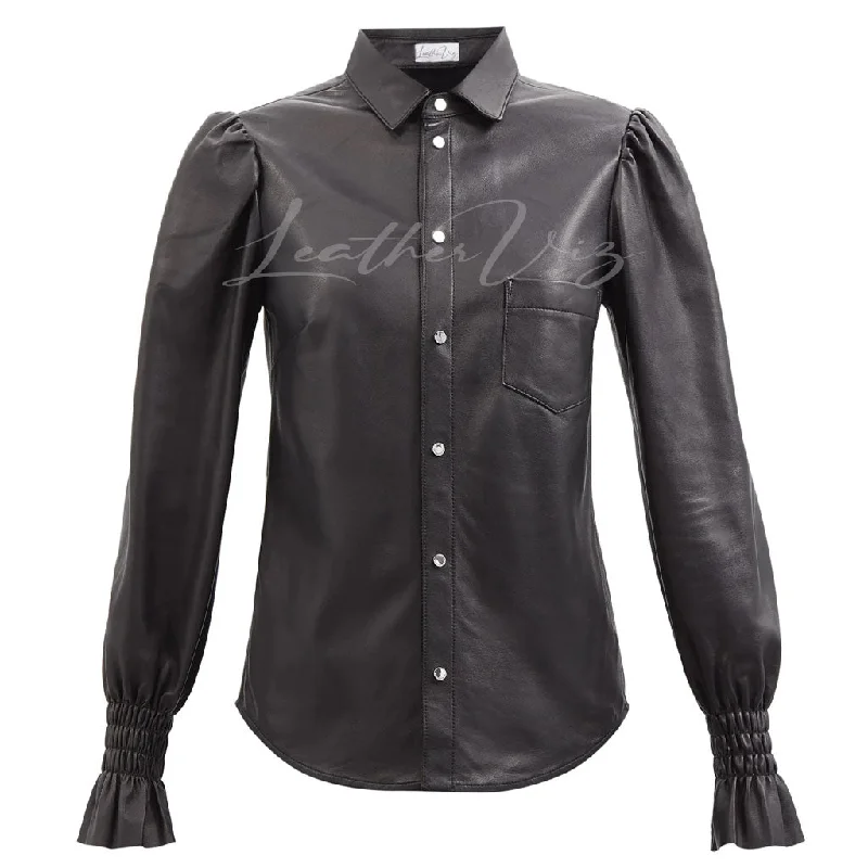 FLUTED-CUFF WOMEN LEATHER SHIRT Iron Safe Non-Iron Wrinkle Free