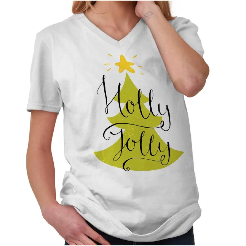Holly Jolly V-Neck T Shirt Solid Print Embellished